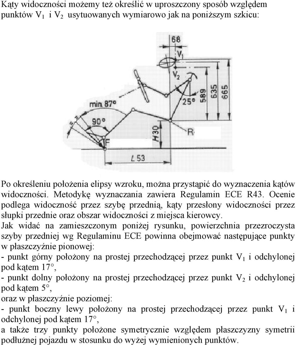 Ocenie podlega widoczność przez szybę przednią, kąty przesłony widoczności przez słupki przednie oraz obszar widoczności z miejsca kierowcy.