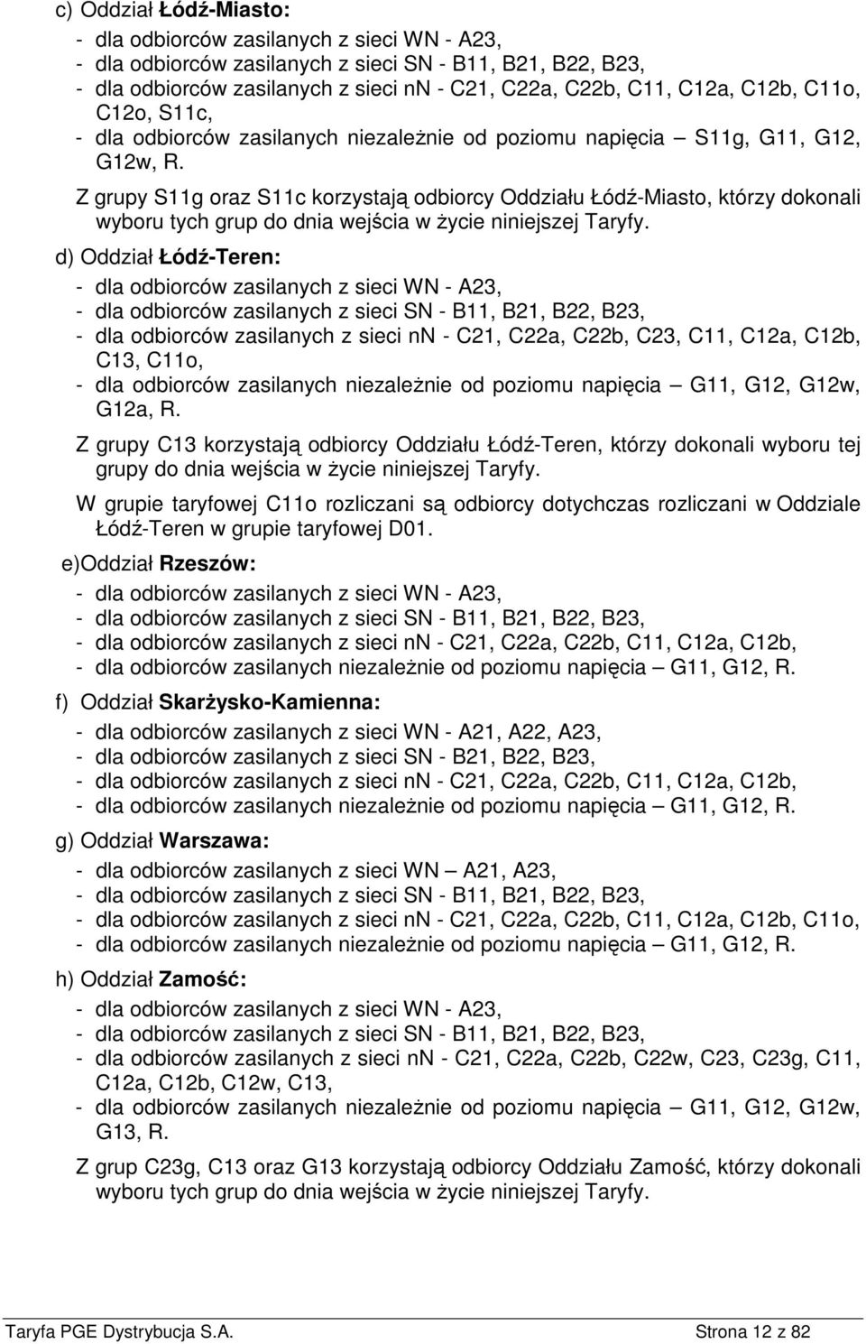 Z grupy S11g oraz S11c korzystają odbiorcy Oddziału Łódź-Miasto, którzy dokonali wyboru tych grup do dnia wejścia w życie niniejszej Taryfy.