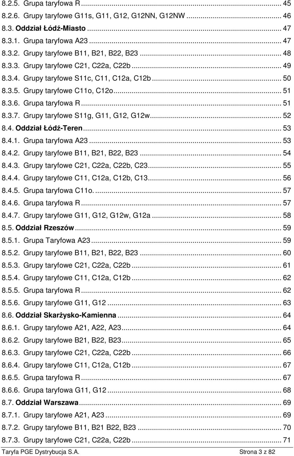 Grupy taryfowe S11g, G11, G12, G12w... 52 8.4. Oddział Łódź-Teren... 53 8.4.1. Grupa taryfowa A23... 53 8.4.2. Grupy taryfowe B11, B21, B22, B23... 54 8.4.3. Grupy taryfowe C21, C22a, C22b, C23... 55 8.