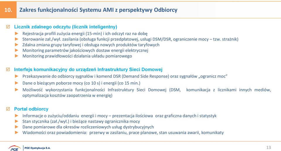 strażnik) Zdalna zmiana grupy taryfowej i obsługa nowych produktów taryfowych Monitoring parametrów jakościowych dostaw energii elektrycznej Monitoring prawidłowości działania układu pomiarowego