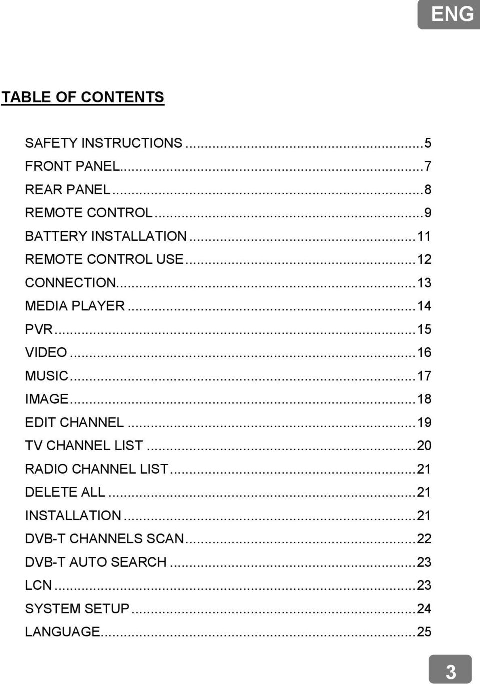 .. 16 MUSIC... 17 IMAGE... 18 EDIT CHANNEL... 19 TV CHANNEL LIST... 20 RADIO CHANNEL LIST... 21 DELETE ALL.