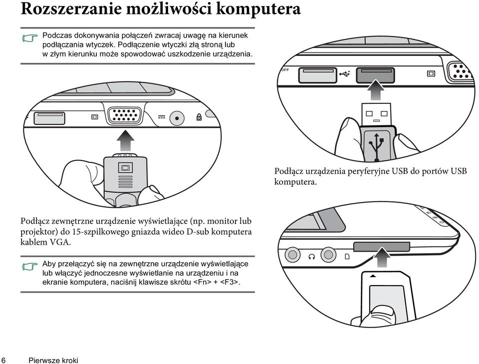 Podłącz urządzenia peryferyjne USB do portów USB komputera. Podłącz zewnętrzne urządzenie wyświetlające (np.