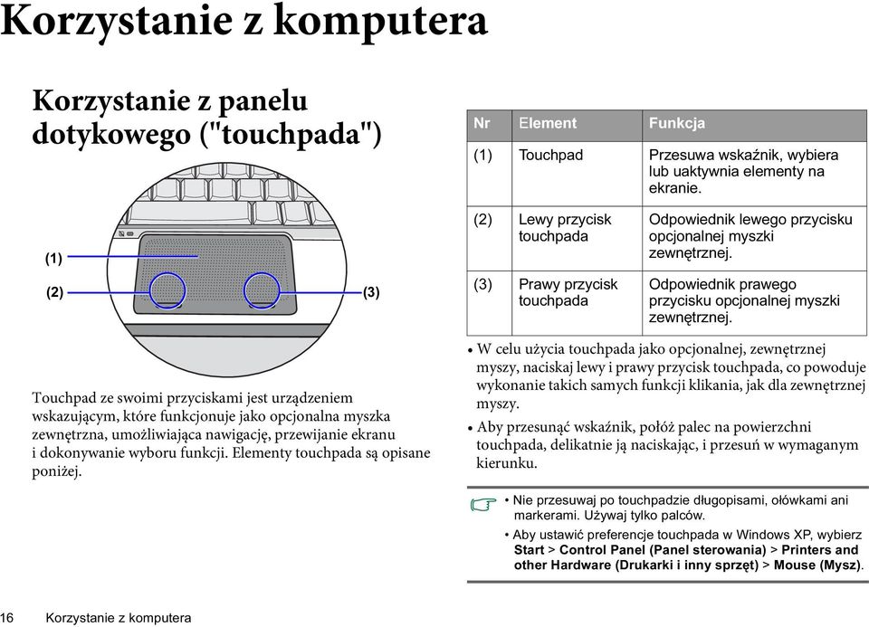 Touchpad ze swoimi przyciskami jest urządzeniem wskazującym, które funkcjonuje jako opcjonalna myszka zewnętrzna, umożliwiająca nawigację, przewijanie ekranu i dokonywanie wyboru funkcji.