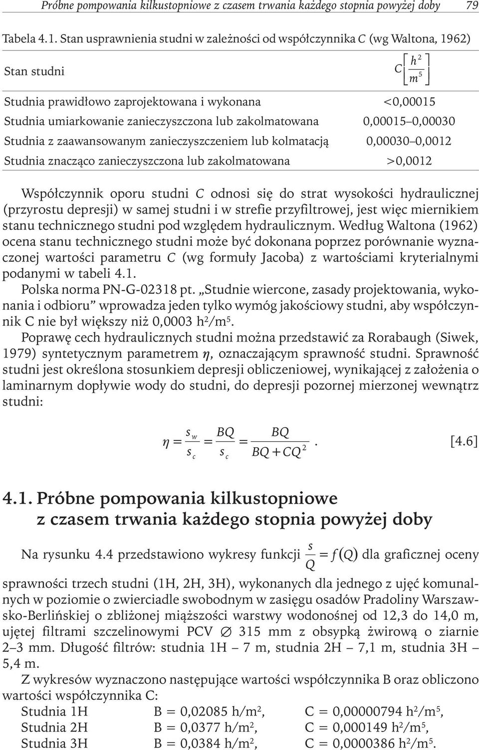 zakolmatowana 0,00015 0,00030 Studnia z zaawansowanym zaniezyszzeniem lub kolmatają 0,00030 0,0012 Studnia znaząo zaniezyszzona lub zakolmatowana >0,0012 Współzynnik oporu studni C odnosi się do