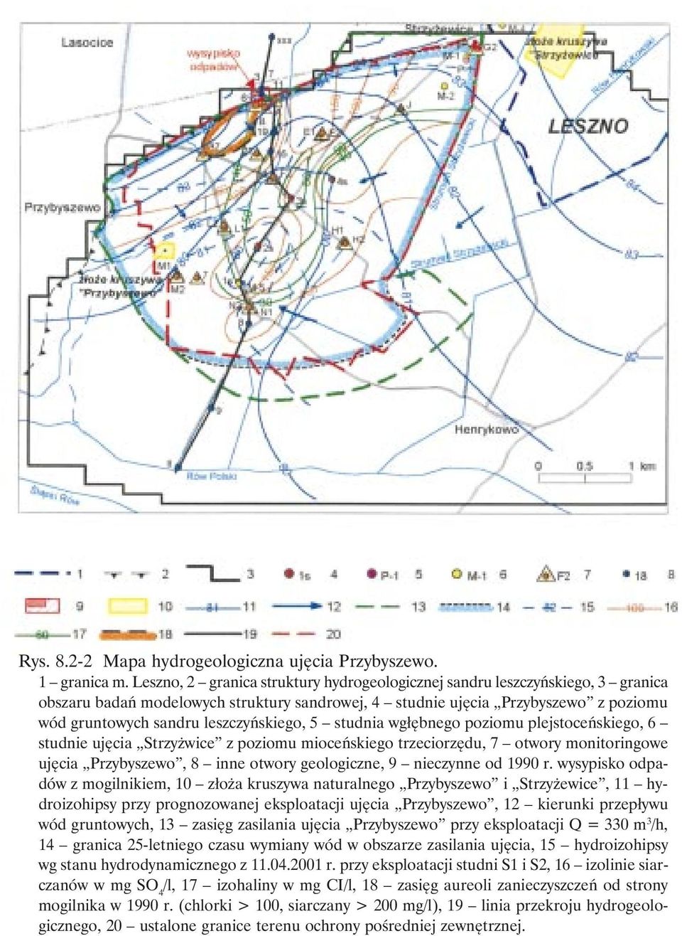 leszczyńskiego, 5 studnia wgłębnego poziomu plejstoceńskiego, 6 studnie ujęcia Strzyżwice z poziomu mioceńskiego trzeciorzędu, 7 otwory monitoringowe ujęcia Przybyszewo, 8 inne otwory geologiczne, 9