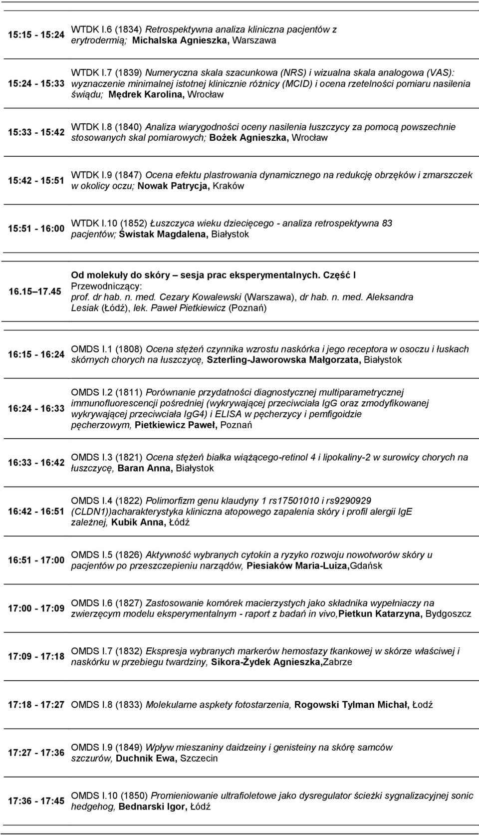 Wrocław 15:33-15:42 WTDK I.8 (1840) Analiza wiarygodności oceny nasilenia łuszczycy za pomocą powszechnie stosowanych skal pomiarowych; Bożek Agnieszka, Wrocław 15:42-15:51 WTDK I.