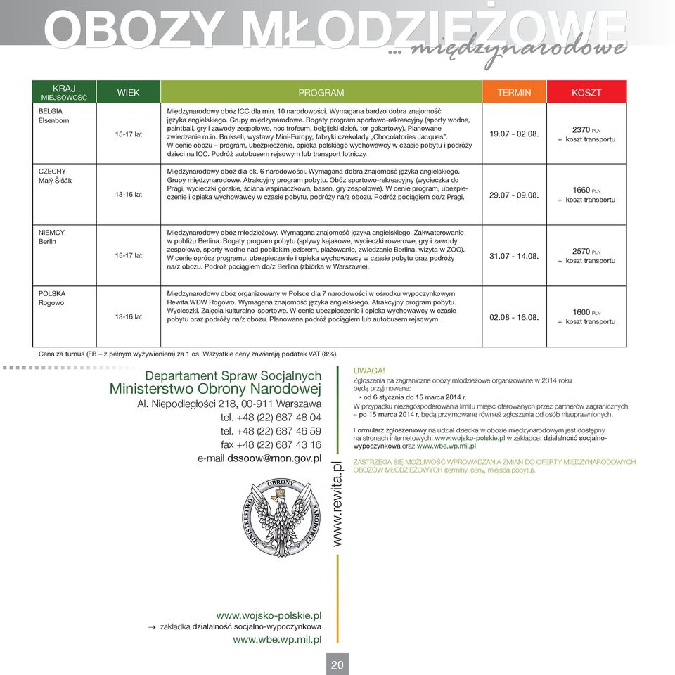 W cenie obozu program, ubezpieczenie, opieka polskiego wychowawcy w czasie pobytu i podróży dzieci na ICC. Podróż autobusem rejsowym lub transport lotniczy. 19.07-02.08.