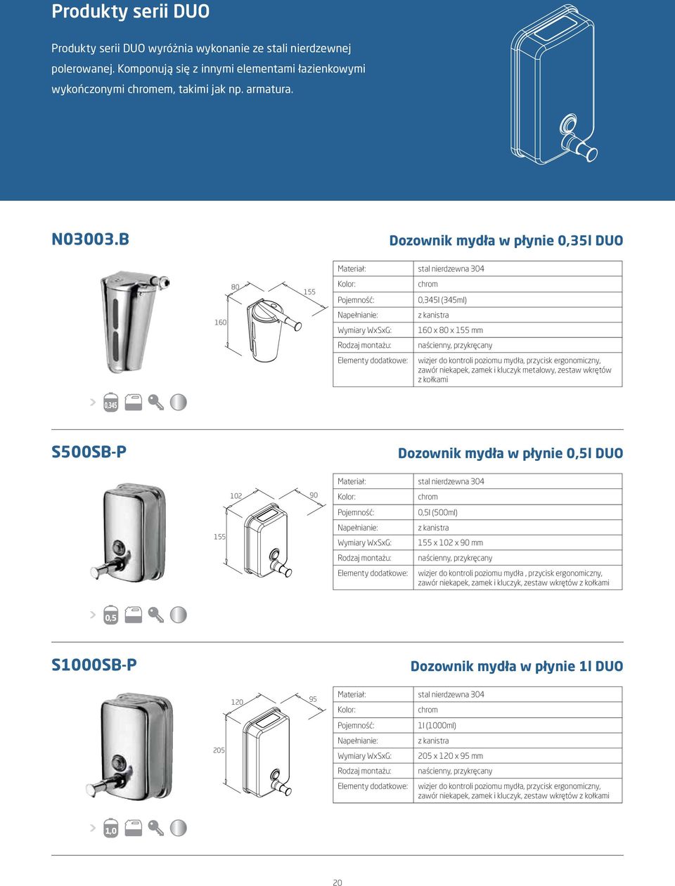 metalowy, zestaw wkrętów z kołkami 0,345 S500SB-P Dozownik mydła w płynie 0,5l DUO 155 102 90 Napełnianie: chrom 0,5l (500ml) z kanistra 155 x 102 x 90 mm wizjer do kontroli poziomu mydła, przycisk