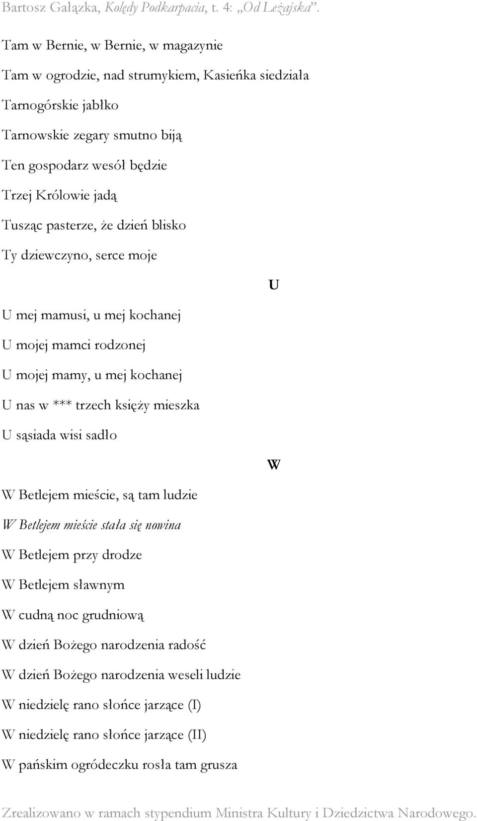 księży mieszka U sąsiada wisi sadło W W Betlejem mieście, są tam ludzie W Betlejem mieście stała się nowina W Betlejem przy drodze W Betlejem sławnym W cudną noc grudniową W