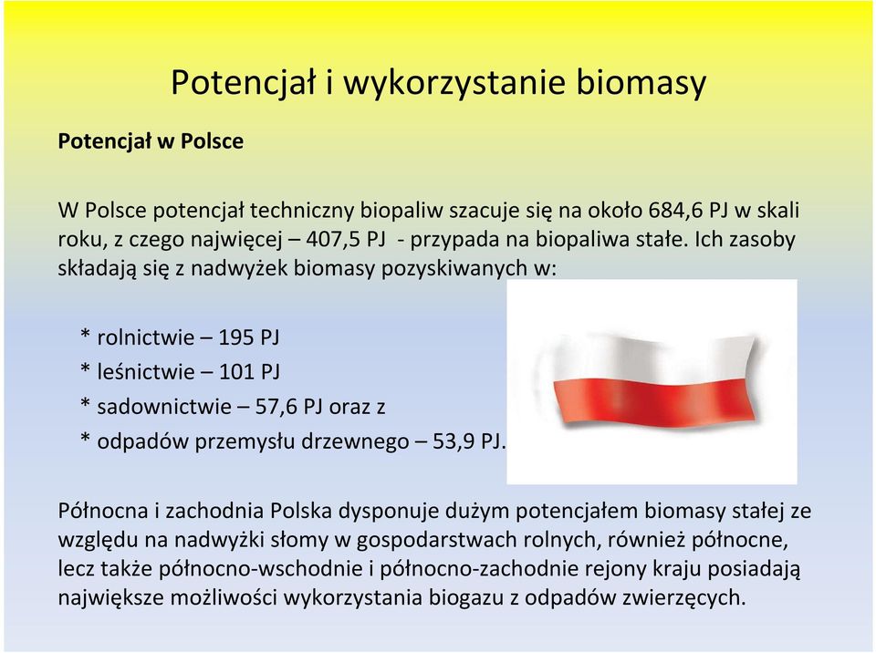 Ich zasoby składają się z nadwyżek biomasy pozyskiwanych w: * rolnictwie 195 PJ * leśnictwie 101 PJ * sadownictwie 57,6 PJ oraz z * odpadów przemysłu drzewnego