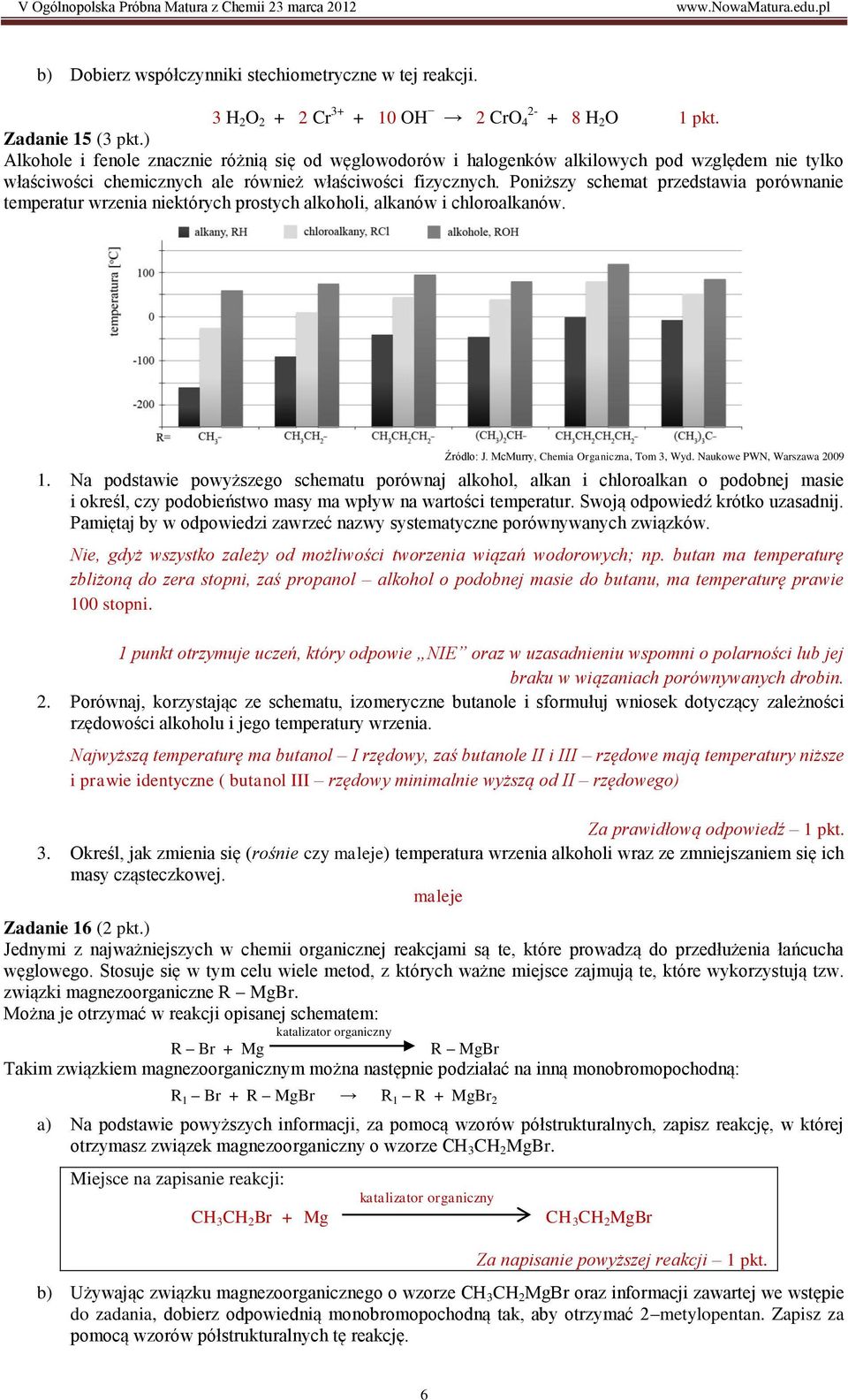 Poniższy schemat przedstawia porównanie temperatur wrzenia niektórych prostych alkoholi, alkanów i chloroalkanów. Źródło: J. McMurry, Chemia Organiczna, Tom 3, Wyd. Naukowe PWN, Warszawa 2009 1.