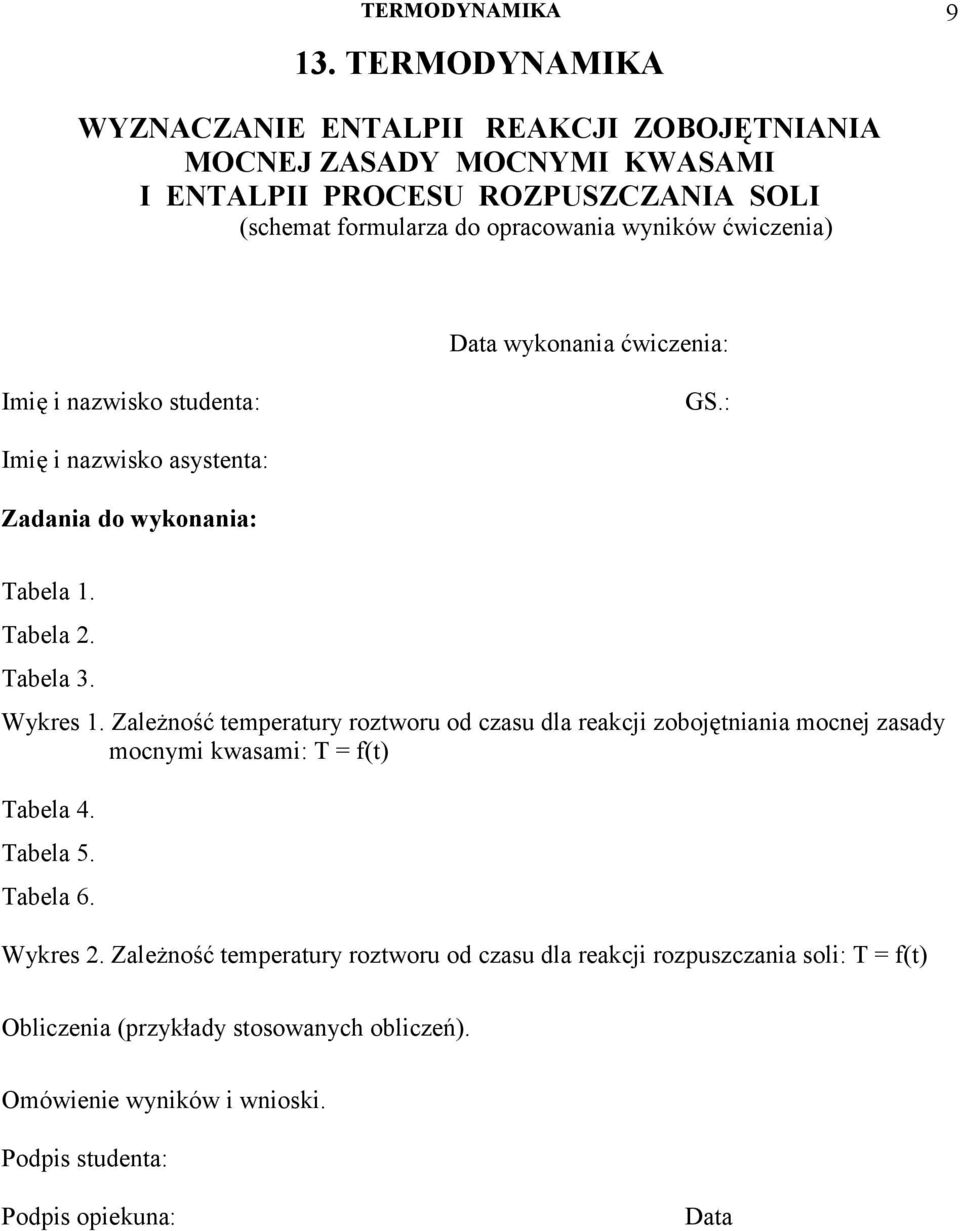 ćwiczenia) Data wykonania ćwiczenia: Imię i nazwisko studenta: GS.: Imię i nazwisko asystenta: Zadania do wykonania: Tabela 1. Tabela 2. Tabela 3. Wykres 1.