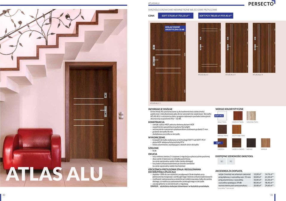 Skrzydło ATLAS ALU z ościeżnicą stałą i progiem dębowym posiada izolacyjność akustyczną na poziomie Rw = 32 db.