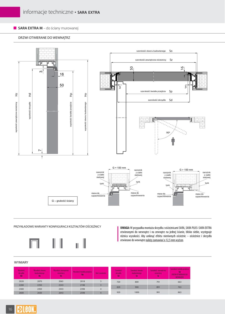G grubość ściany Przykładowe warianty konfiguracji kształtów Ościeżnicy UWAGA: W przypadku montażu z ościeżnicami SARA, SARA PLUS i SARA EXTRA otwieranymi do wewnątrz i na zewnątrz na jednej ścianie,