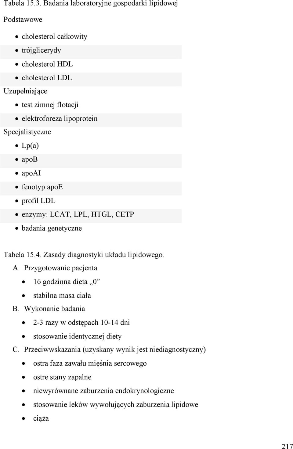 lipoprotein Specjalistyczne Lp(a) apob apoai fenotyp apoe profil LDL enzymy: LCAT, LPL, HTGL, CETP badania genetyczne Tabela 15.4. Zasady diagnostyki układu lipidowego. A.