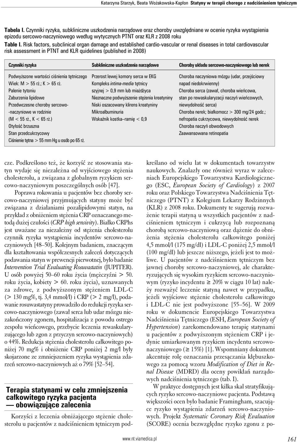 Risk factors, subclinical organ damage and established cardio-vascular or renal diseases in total cardiovascular risk assessment in PTNT and KLR quidelines (published in 2008) Czynniki ryzyka