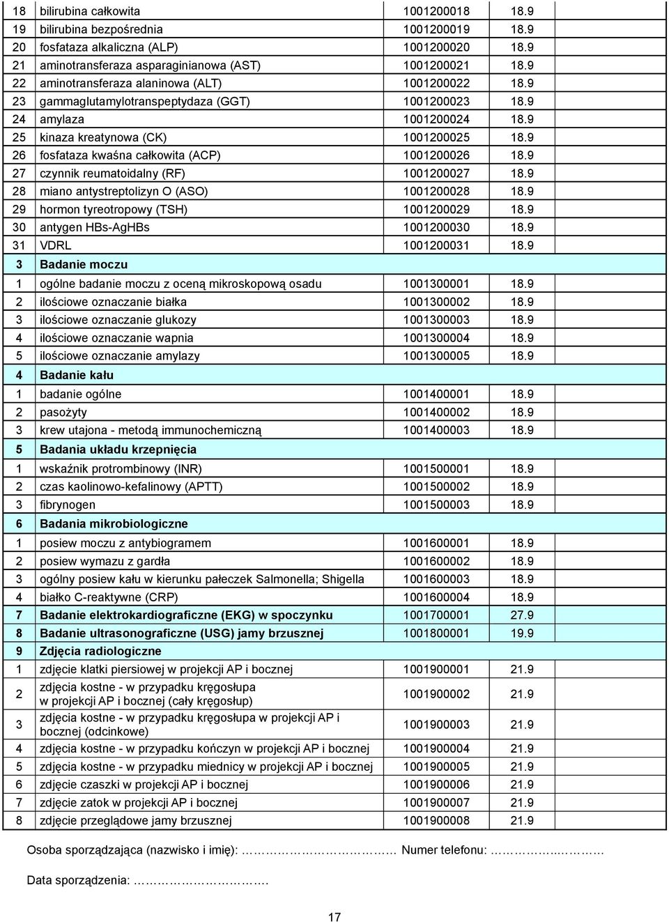 9 26 fosfataza kwaśna całkowita (ACP) 1001200026 18.9 27 czynnik reumatoidalny (RF) 1001200027 18.9 28 miano antystreptolizyn O (ASO) 1001200028 18.9 29 hormon tyreotropowy (TSH) 1001200029 18.