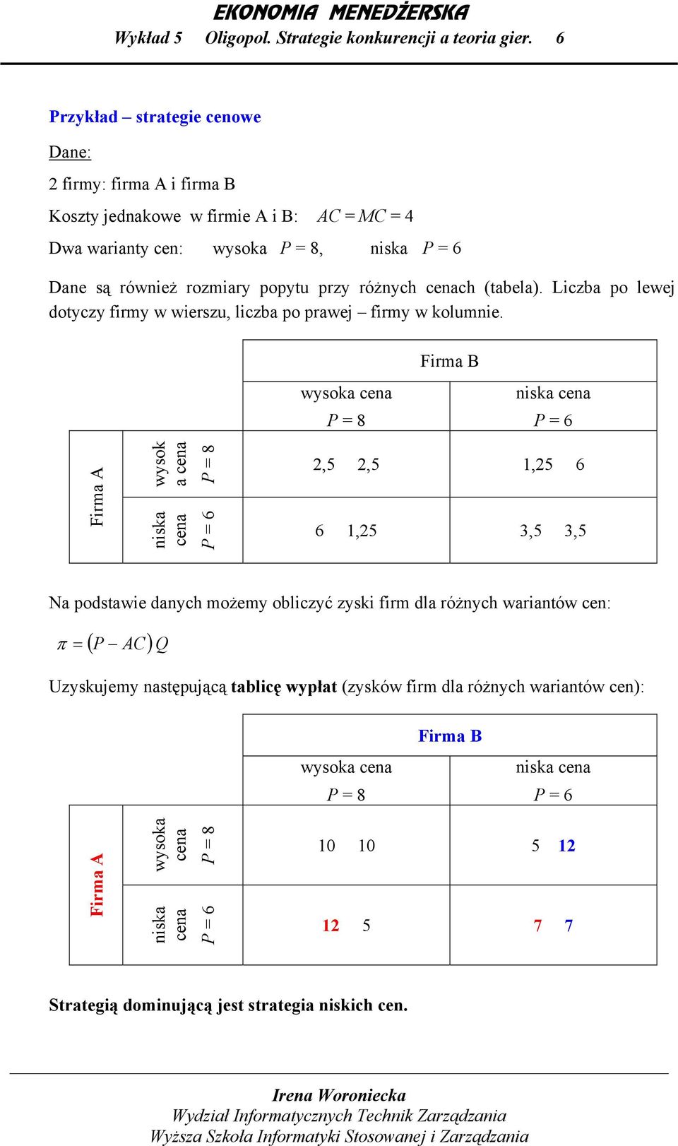 cenach (tabela). Liczba po lewej dotyczy firmy w wierszu, liczba po prawej firmy w kolumnie.