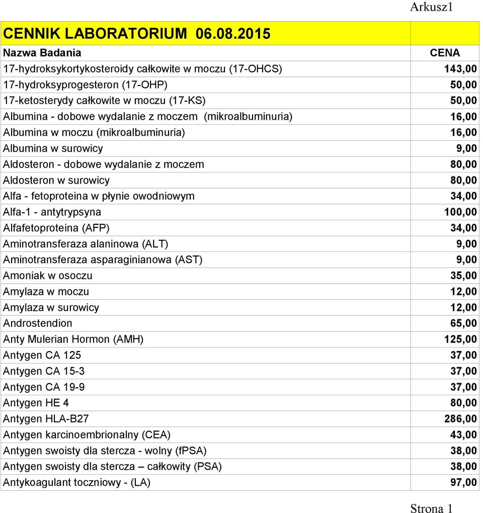 (mikroalbuminuria) Albumina w moczu (mikroalbuminuria) 143,00 50,00 50,00 16,00 16,00 Albumina w surowicy 9,00 Aldosteron - dobowe wydalanie z moczem 80,00 Aldosteron w surowicy 80,00 Alfa -