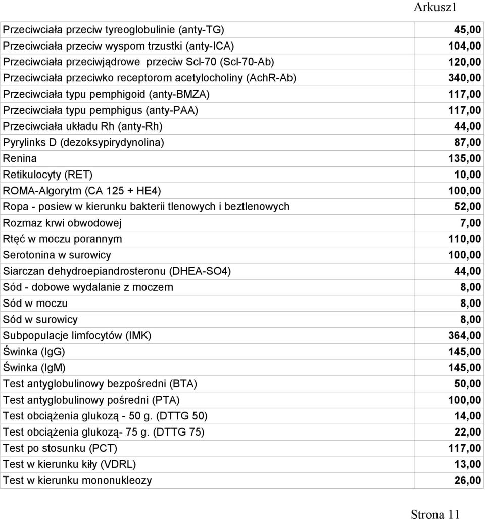 (dezoksypirydynolina) 87,00 Renina 135,00 Retikulocyty (RET) 10,00 ROMA-Algorytm (CA 125 + HE4) 100,00 Ropa - posiew w kierunku bakterii tlenowych i beztlenowych 52,00 Rozmaz krwi obwodowej 7,00 Rtęć