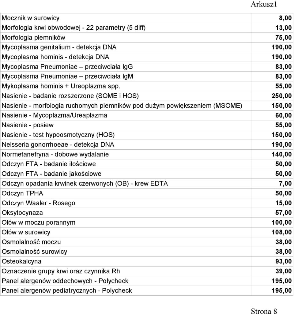 55,00 Nasienie - badanie rozszerzone (SOME i HOS) 250,00 Nasienie - morfologia ruchomych plemników pod dużym powiększeniem (MSOME) 150,00 Nasienie - Mycoplazma/Ureaplazma 60,00 Nasienie - posiew