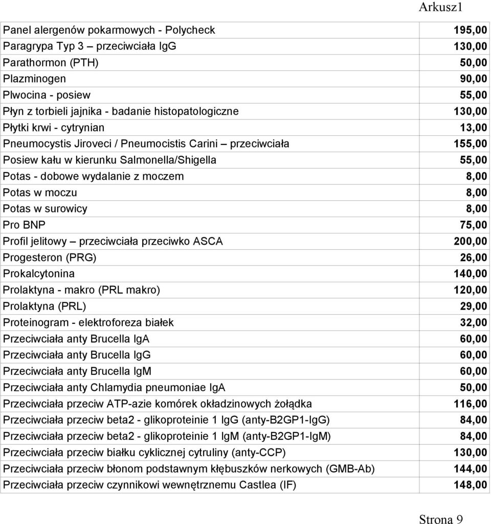 moczem 8,00 Potas w moczu 8,00 Potas w surowicy 8,00 Pro BNP 75,00 Profil jelitowy przeciwciała przeciwko ASCA 200,00 Progesteron (PRG) 26,00 Prokalcytonina 140,00 Prolaktyna - makro (PRL makro)