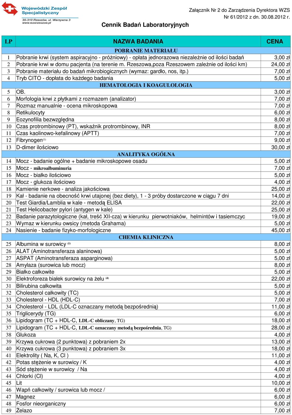 Rzeszowa,poza Rzeszowem zależnie od ilości km) 24,00 zł 3 Pobranie materiału do badań mikrobiogicznych (wymaz: gardło, nos, itp.