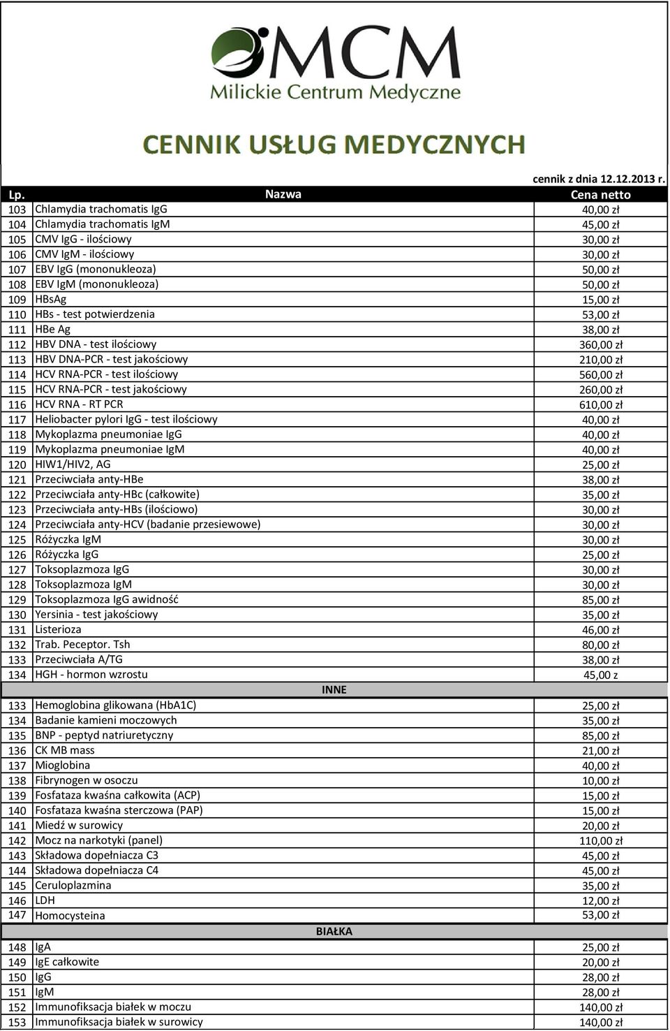 potwierdzenia 53,00 zł 111 HBe Ag 3 112 HBV DNA - test ilościowy 360,00 zł 113 HBV DNA-PCR - test jakościowy 2 114 HCV RNA-PCR - test ilościowy 560,00 zł 115 HCV RNA-PCR - test jakościowy 260,00 zł