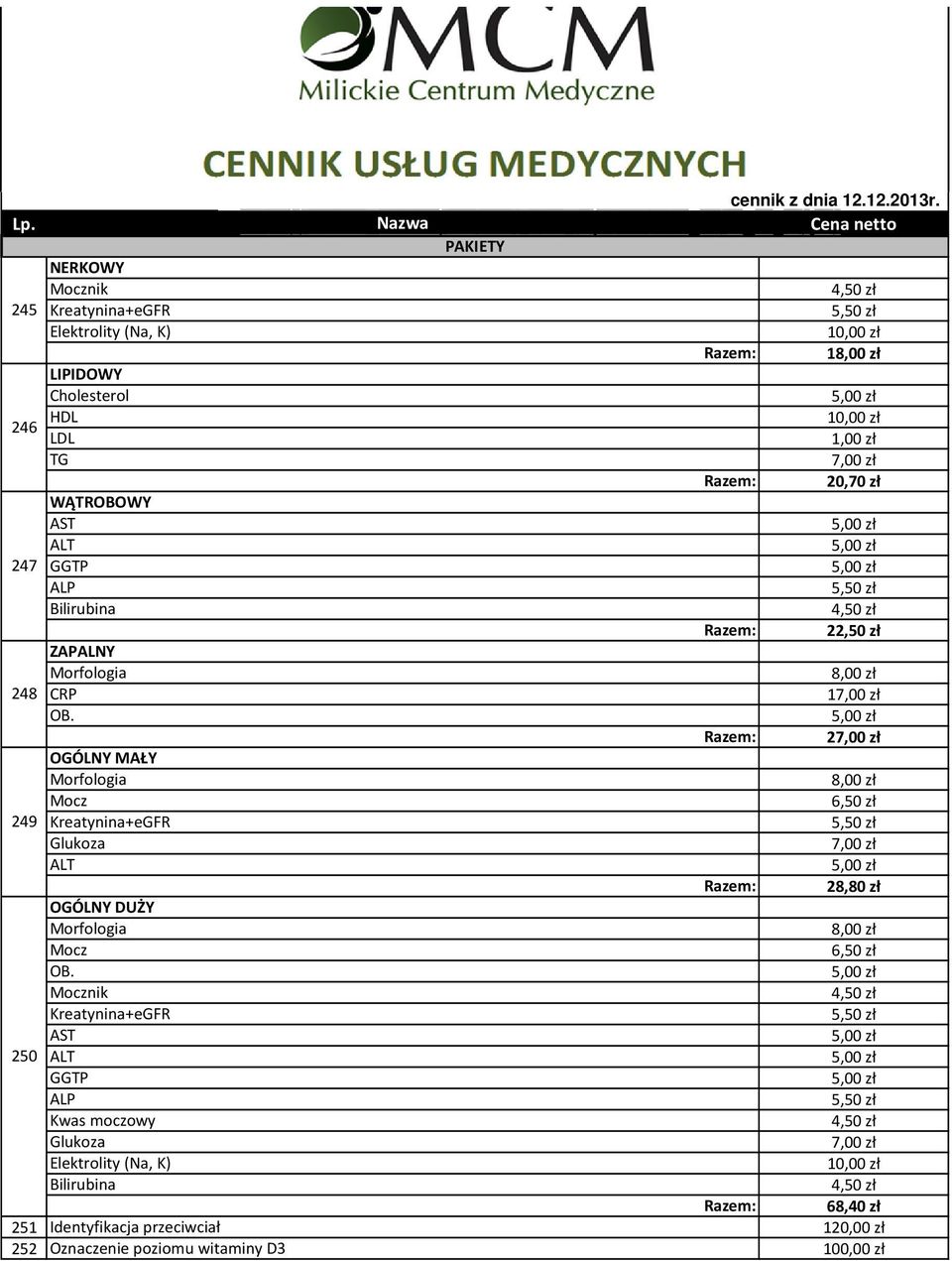 PAKIETY cennik z dnia 12.12.2013r.