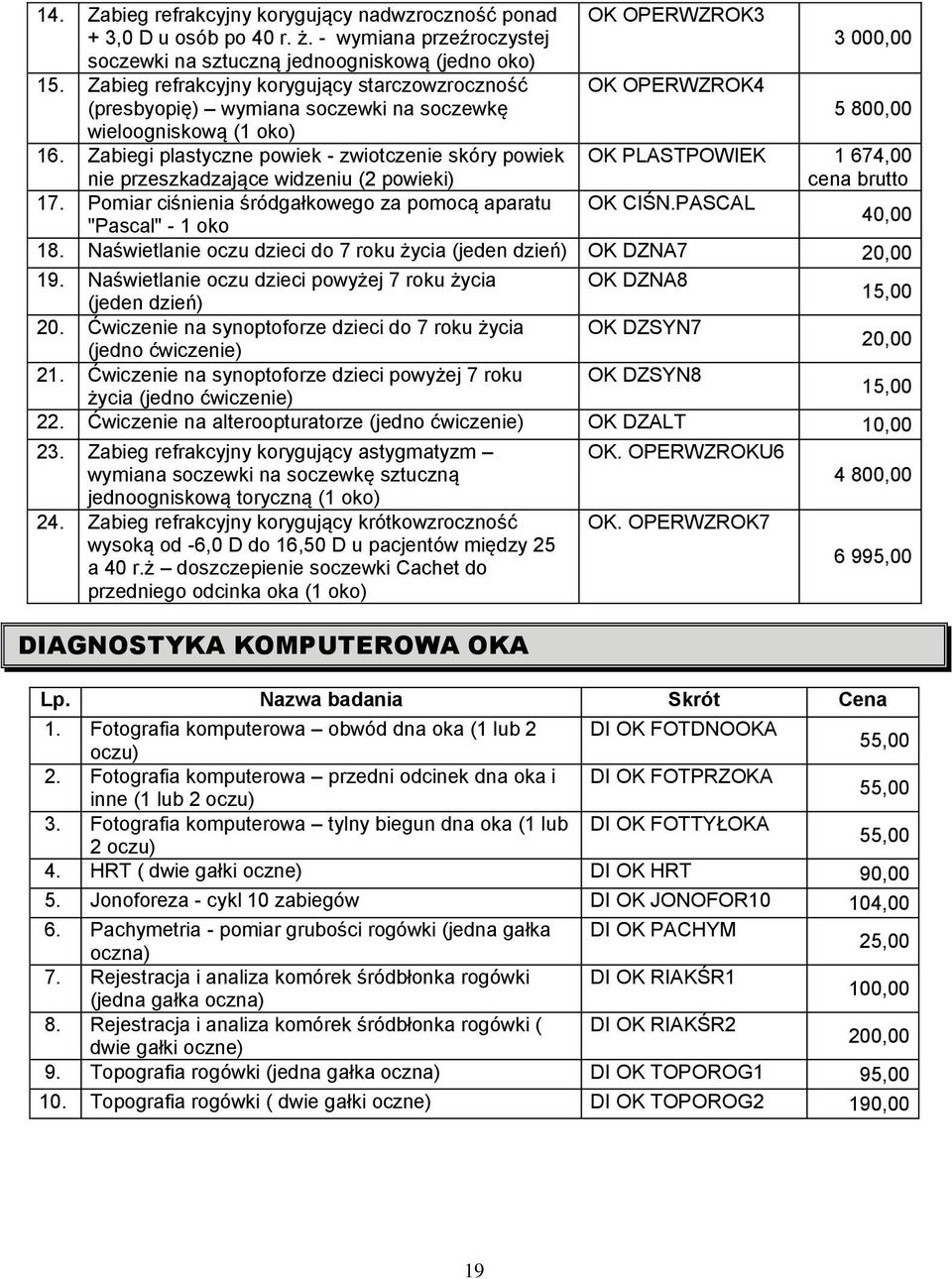 Zabiegi plastyczne powiek - zwiotczenie skóry powiek nie przeszkadzające widzeniu (2 powieki) OK PLASTPOWIEK 1 674,00 cena brutto 17. Pomiar ciśnienia śródgałkowego za pomocą aparatu OK CIŚN.