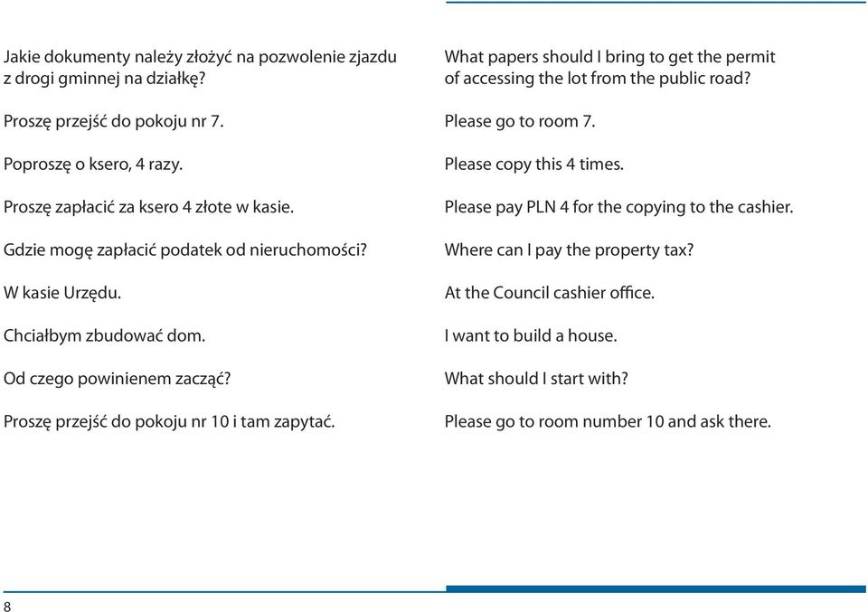 Proszę przejść do pokoju nr 10 i tam zapytać. What papers should I bring to get the permit of accessing the lot from the public road? Please go to room 7.