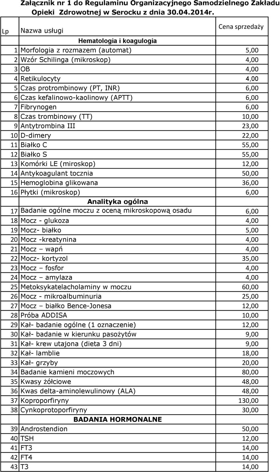 kefalinowo-kaolinowy (APTT) 6,00 7 Fibrynogen 6,00 8 Czas trombinowy (TT) 10,00 9 Antytrombina III 23,00 10 D-dimery 22,00 11 Białko C 55,00 12 Białko S 55,00 13 Komórki LE (miroskop) 12,00 14