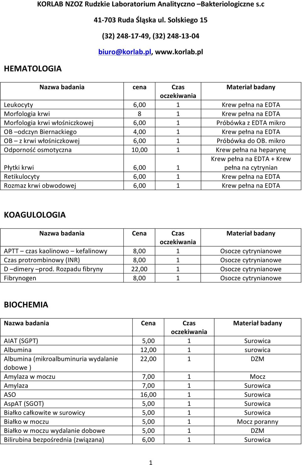 pl Nazwa badania cena Czas Leukocyty 6,00 1 Krew pełna na EDTA Morfologia krwi 8 1 Krew pełna na EDTA Morfologia krwi włośniczkowej 6,00 1 Próbówka z EDTA mikro OB odczyn Biernackiego 4,00 1 Krew