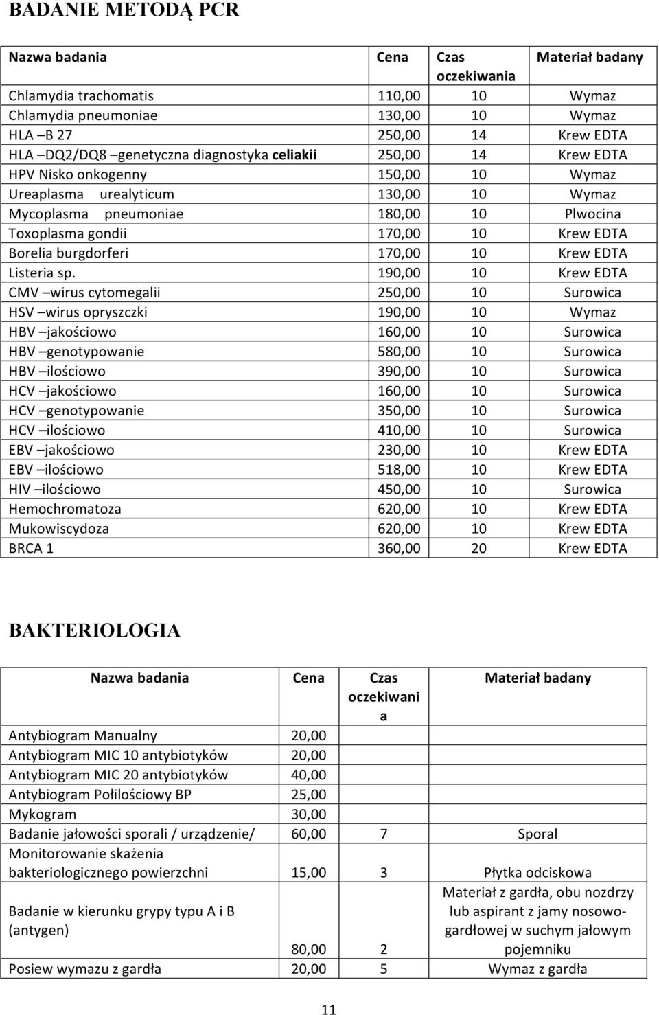 190,00 10 Krew EDTA CMV wirus cytomegalii 250,00 10 Surowica HSV wirus opryszczki 190,00 10 Wymaz HBV jakościowo 160,00 10 Surowica HBV genotypowanie 580,00 10 Surowica HBV ilościowo 390,00 10