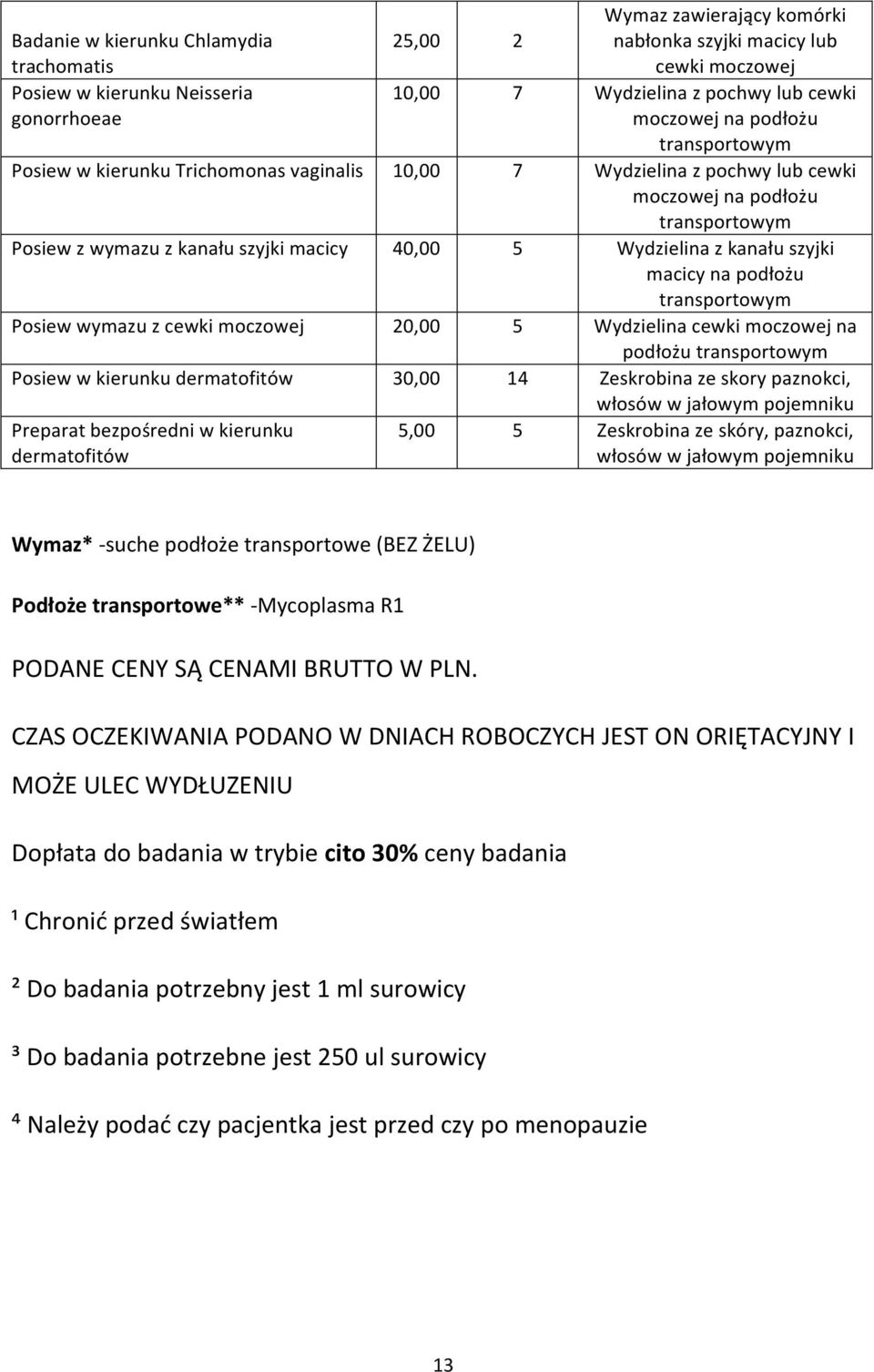 na podłożu Posiew wymazu z cewki moczowej 20,00 5 Wydzielina cewki moczowej na podłożu Posiew w kierunku dermatofitów 30,00 14 Zeskrobina ze skory paznokci, włosów w jałowym pojemniku Preparat