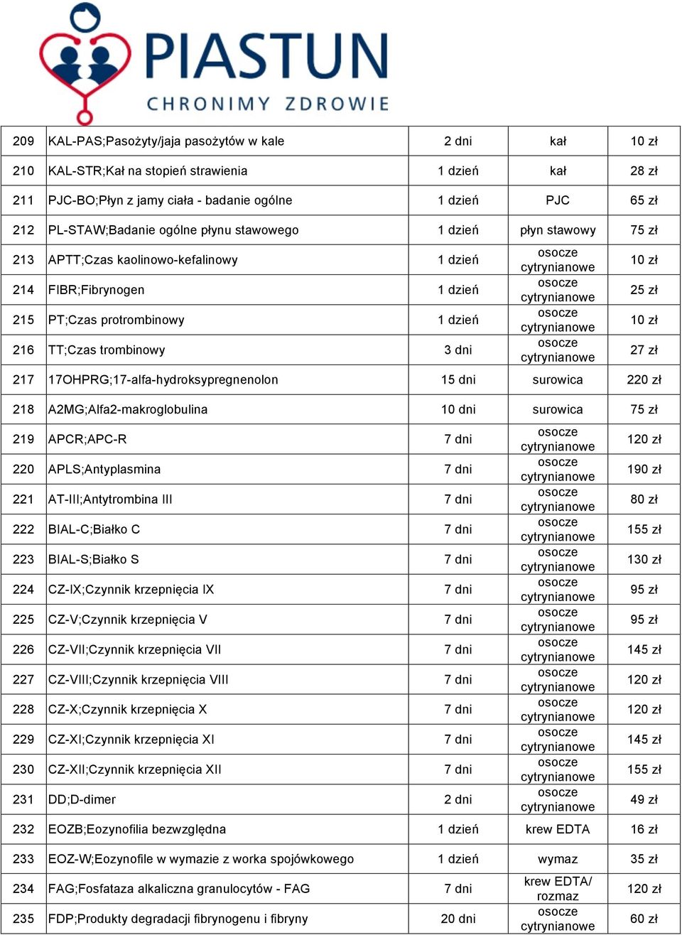 17OHPRG;17-alfa-hydroksypregnenolon 15 dni surowica 220 zł 218 A2MG;Alfa2-makroglobulina 10 dni surowica 75 zł 219 APCR;APC-R 7 dni 220 APLS;Antyplasmina 7 dni 221 AT-III;Antytrombina III 7 dni 222