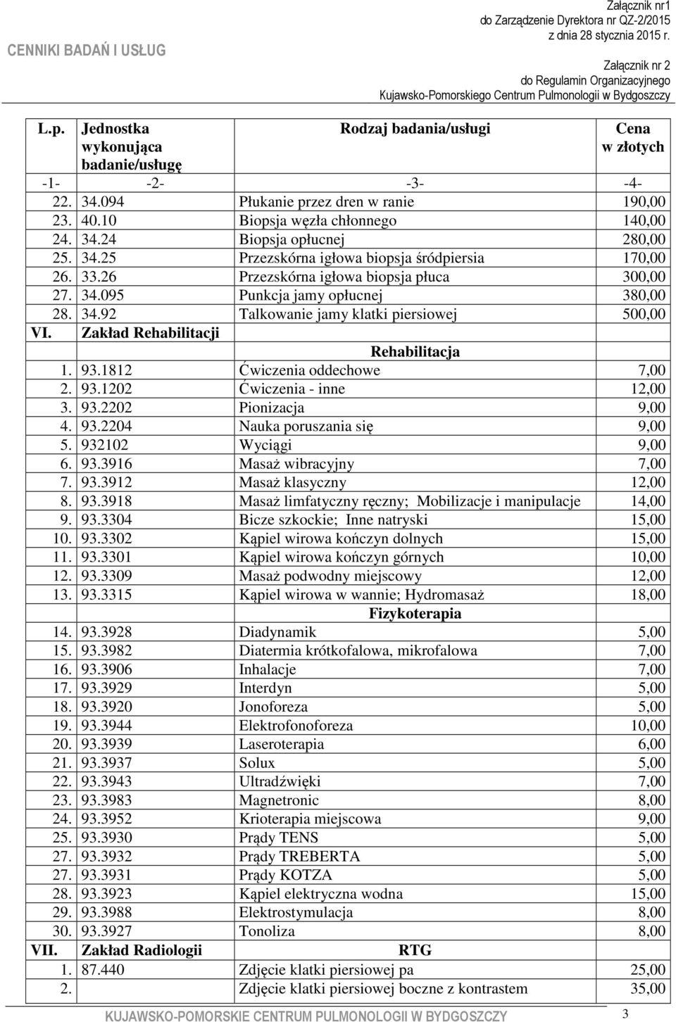 34.92 Talkowanie jamy klatki piersiowej 500,00 VI. Zakład Rehabilitacji Rehabilitacja 1. 93.1812 Ćwiczenia oddechowe 7,00 2. 93.1202 Ćwiczenia - inne 12,00 3. 93.2202 Pionizacja 9,00 4. 93.2204 Nauka poruszania się 9,00 5.