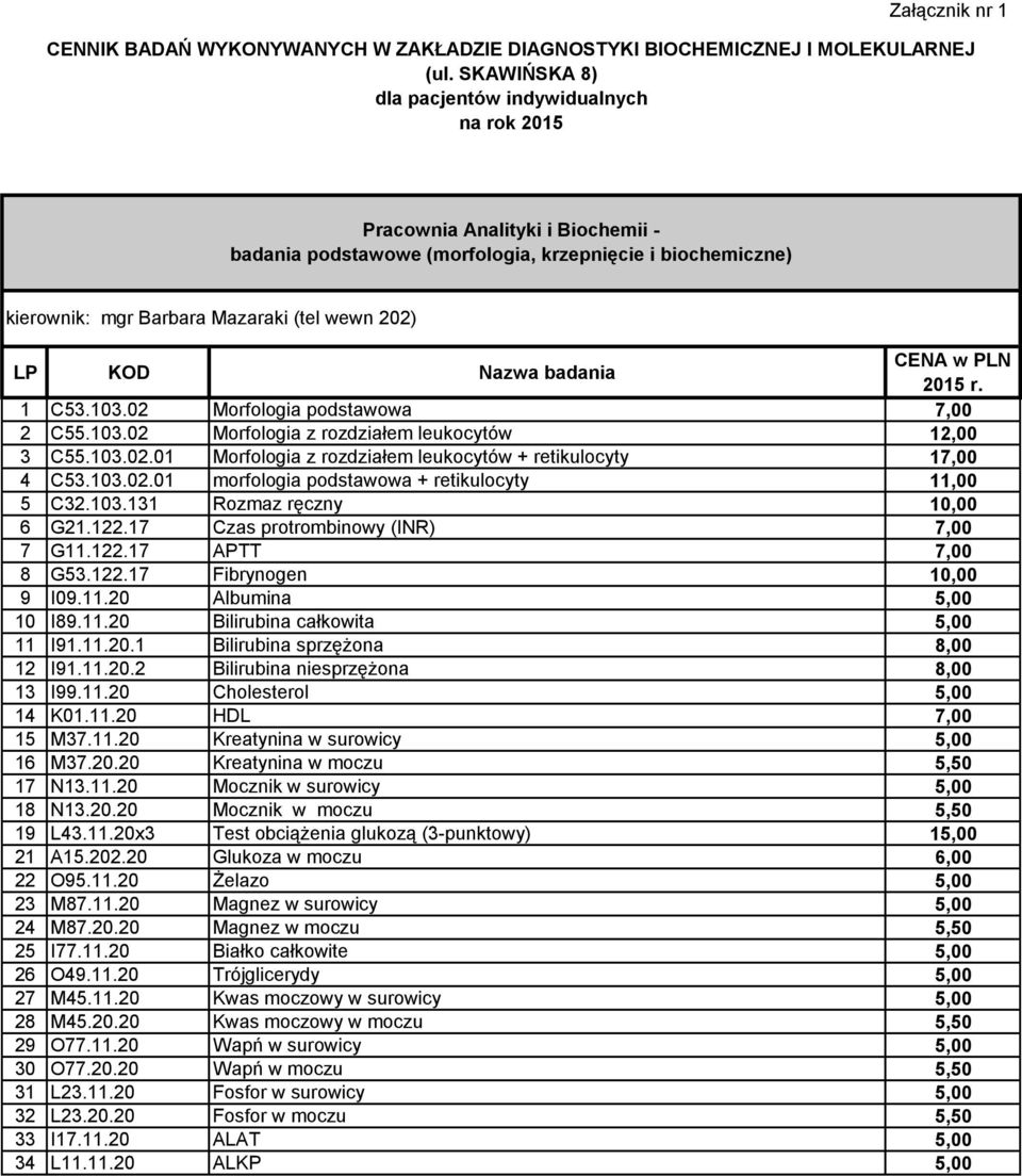 C53.103.02 Morfologia podstawowa 7,00 2 C55.103.02 Morfologia z rozdziałem leukocytów 12,00 3 C55.103.02.01 Morfologia z rozdziałem leukocytów + retikulocyty 17,00 4 C53.103.02.01 morfologia podstawowa + retikulocyty 11,00 5 C32.