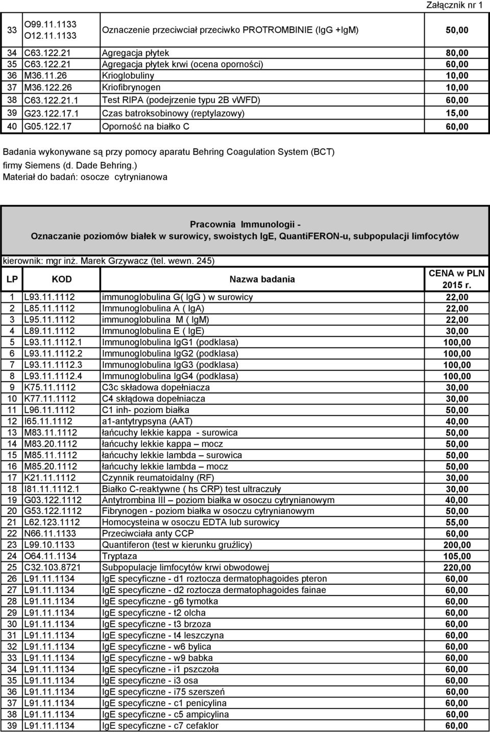 Dade Behring.) Materiał do badań: osocze cytrynianowa Pracownia Immunologii - Oznaczanie poziomów białek w surowicy, swoistych IgE, QuantiFERON-u, subpopulacji limfocytów kierownik: mgr inż.