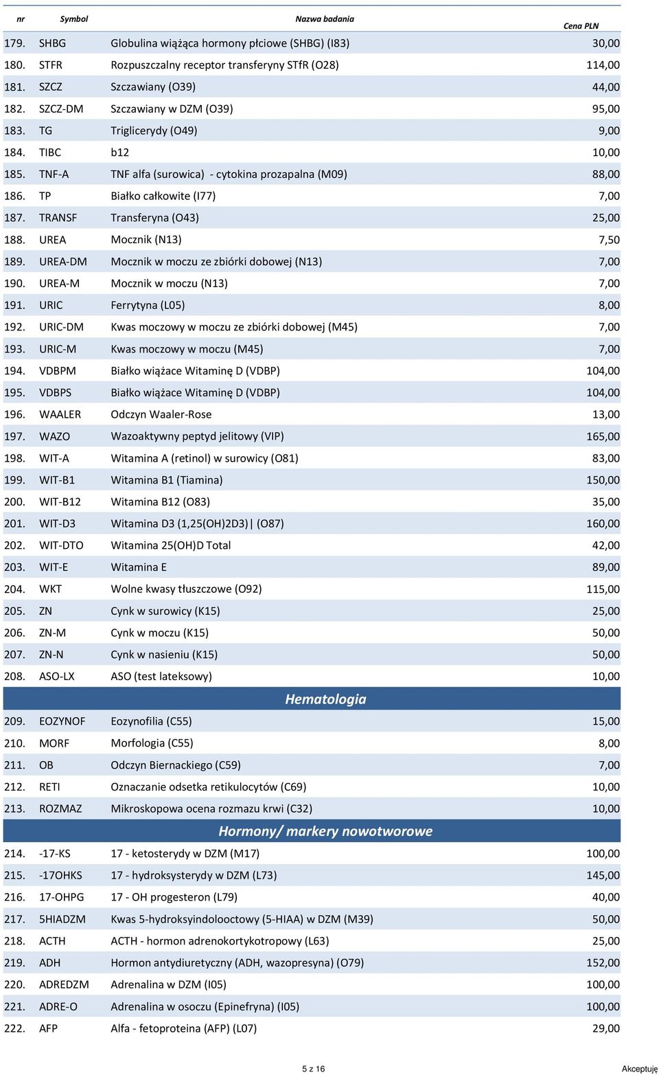 UREA-DM Mocznik w moczu ze zbiórki dobowej (N13) 190. UREA-M Mocznik w moczu (N13) 191. URIC Ferrytyna (L05) 192. URIC-DM Kwas moczowy w moczu ze zbiórki dobowej (M45) 193.