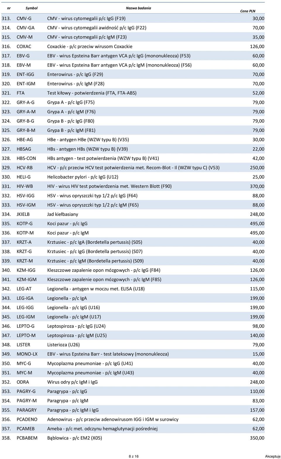 EBV-M EBV - wirus Epsteina Barr antygen VCA p/c IgM (mononukleoza) (F56) 319. ENT-IGG Enterowirus - p/c IgG (F29) 70,00 320. ENT-IGM Enterowirus - p/c IgM (F28) 70,00 321.