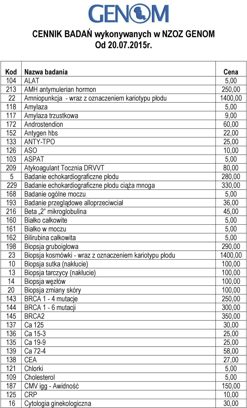 mnoga 330,00 168 Badanie ogólne moczu 5,00 193 Badanie przeglądowe alloprzeciwciał 36,00 216 Beta 2 mikroglobulina 45,00 160 Białko całkowite 5,00 161 Białko w moczu 5,00 162 Bilirubina całkowita