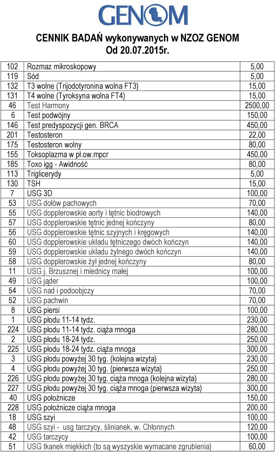 mpcr 450,00 185 Toxo igg - Awidność 80,00 113 Triglicerydy 5,00 130 TSH 15,00 7 USG 3D 100,00 53 USG dołów pachowych 70,00 55 USG dopplerowskie aorty i tętnic biodrowych 140,00 57 USG dopplerowskie