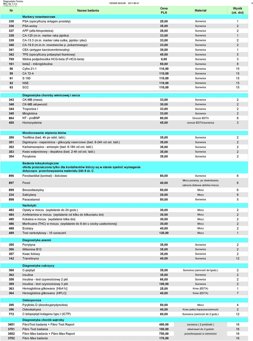 pokarmowego) 341 CEA (antygen karcinoembrionalny) 30,00 Surowica 1 342 TPS (specyficzny polipeptyd tkankowy) 45,00 Surowica 5 769 Wolna podjednostka HCG-beta (F-HCG-beta) 0,00 Surowica 3 161 beta2 -