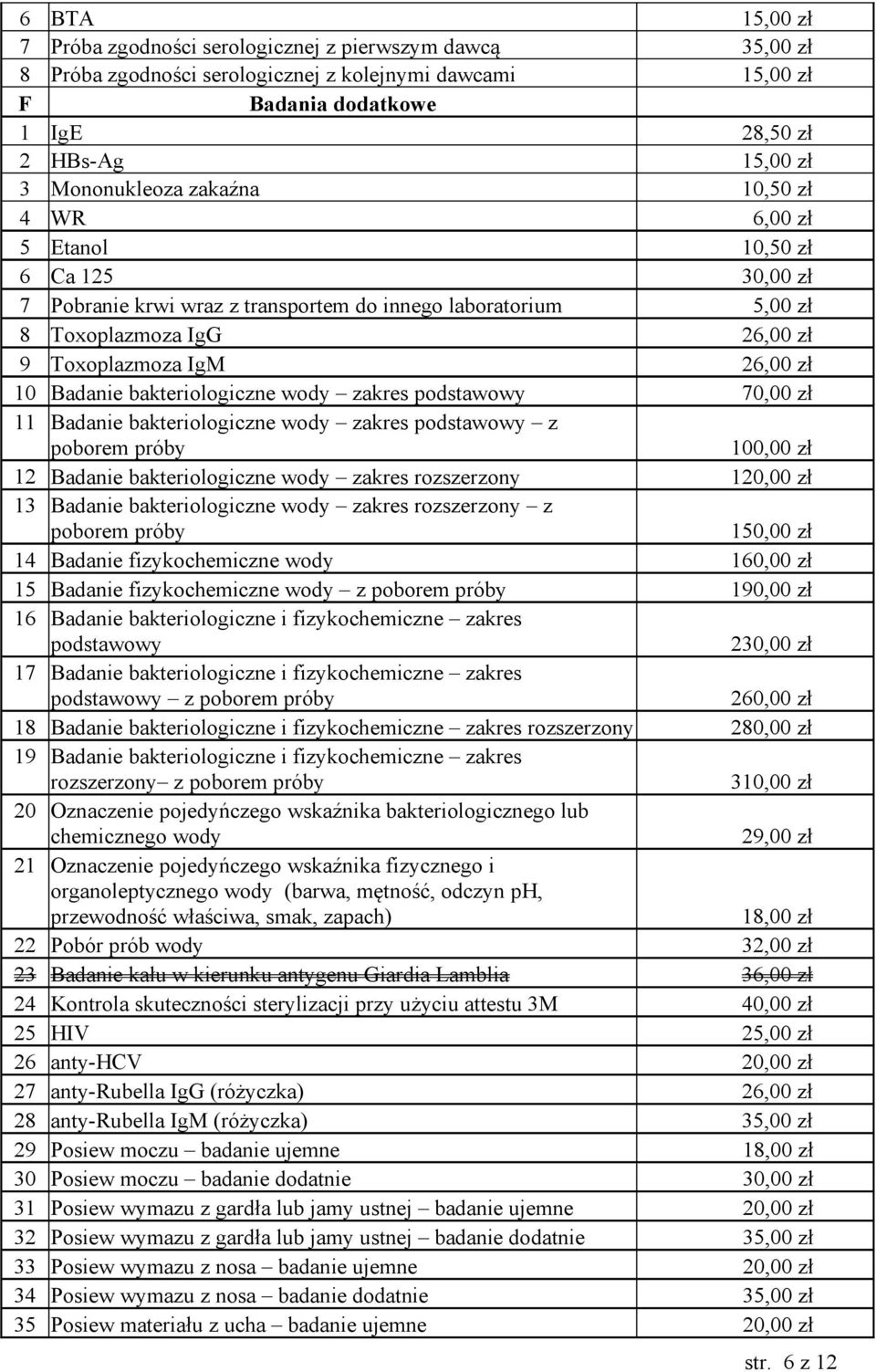 zł 10 Badanie bakteriologiczne wody zakres podstawowy 70,00 zł 11 Badanie bakteriologiczne wody zakres podstawowy z poborem próby 100,00 zł 12 Badanie bakteriologiczne wody zakres rozszerzony 120,00