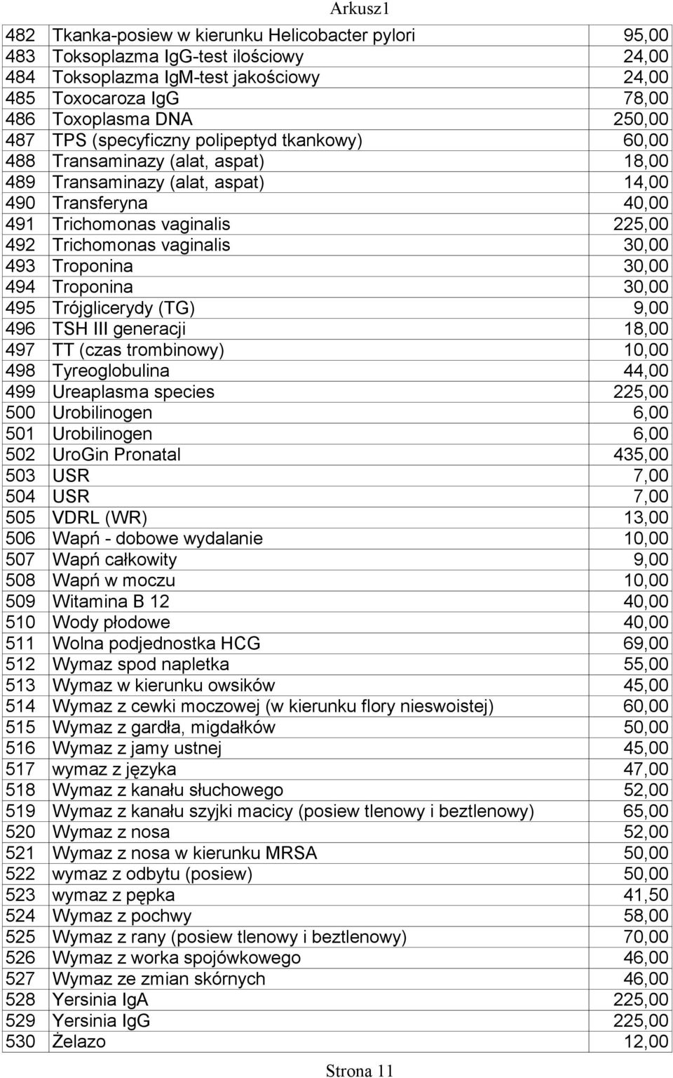 30,00 493 Troponina 30,00 494 Troponina 30,00 495 Trójglicerydy (TG) 9,00 496 TSH III generacji 18,00 497 TT (czas trombinowy) 10,00 498 Tyreoglobulina 44,00 499 Ureaplasma species 225,00 500