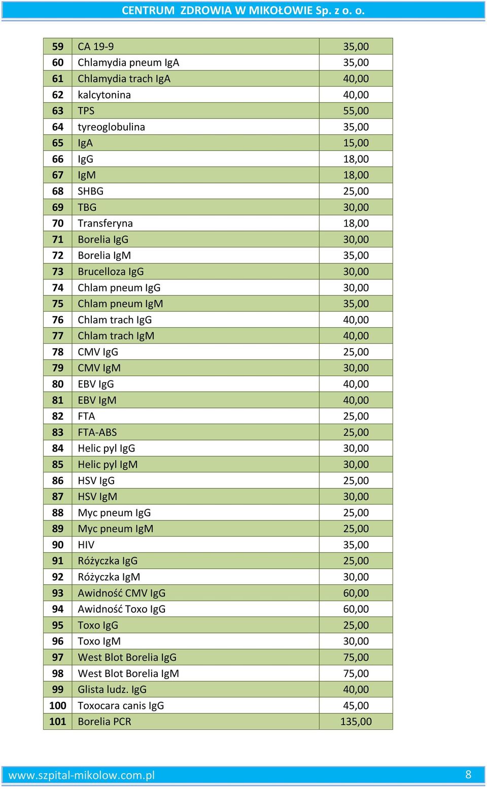 30,00 70 Transferyna 18,00 71 Borelia IgG 30,00 72 Borelia IgM 35,00 73 Brucelloza IgG 30,00 74 Chlam pneum IgG 30,00 75 Chlam pneum IgM 35,00 76 Chlam trach IgG 40,00 77 Chlam trach IgM 40,00 78 CMV