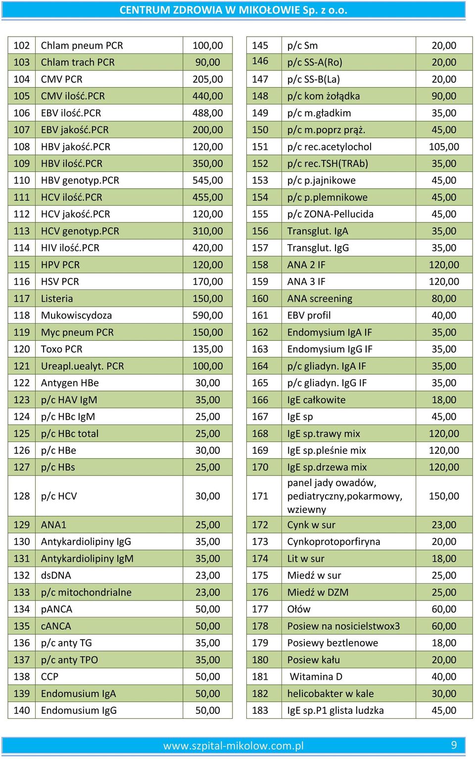 acetylochol 105,00 109 HBV ilość.pcr 350,00 152 p/c rec.tsh(trab) 35,00 110 HBV genotyp.pcr 545,00 153 p/c p.jajnikowe 45,00 111 HCV ilość.pcr 455,00 154 p/c p.plemnikowe 45,00 112 HCV jakość.