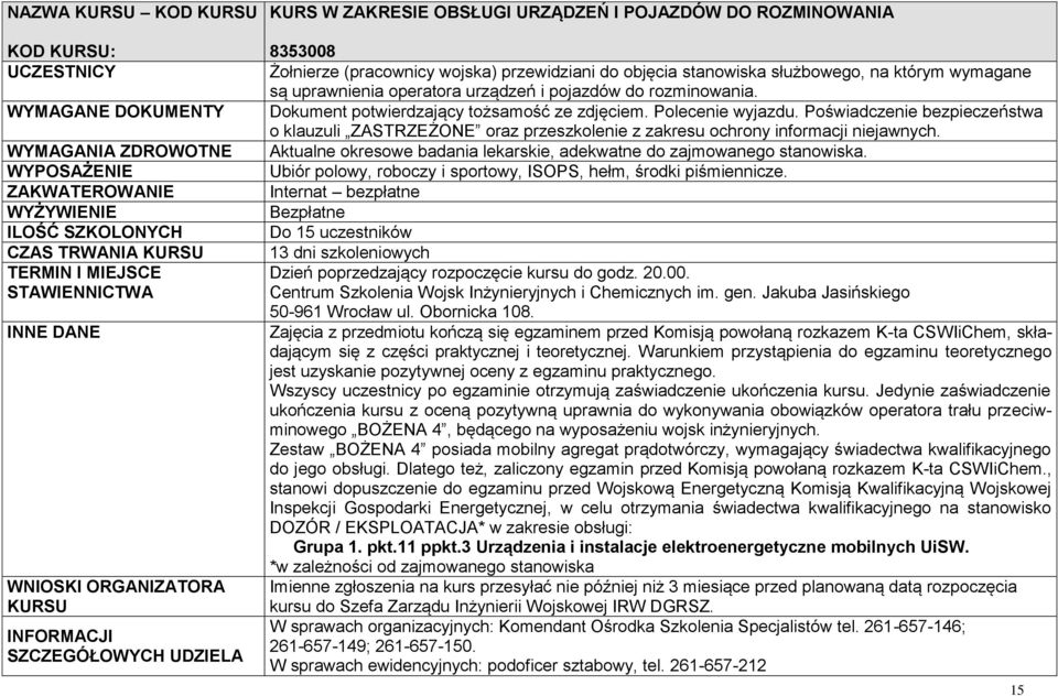 Poświadczenie bezpieczeństwa o klauzuli ZASTRZEŻONE oraz przeszkolenie z zakresu ochrony informacji niejawnych. Aktualne okresowe badania lekarskie, adekwatne do zajmowanego stanowiska.