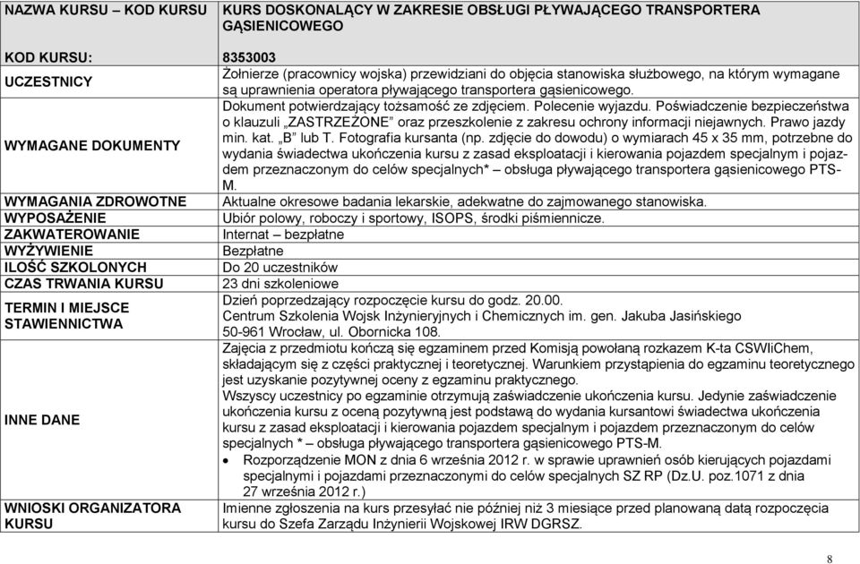 Poświadczenie bezpieczeństwa o klauzuli ZASTRZEŻONE oraz przeszkolenie z zakresu ochrony informacji niejawnych. Prawo jazdy min. kat. B lub T. Fotografia kursanta (np.